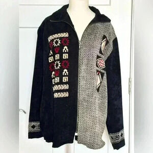 Chico’s Black and Patterned Viscose-Polyester Full Zip Jacket Size M